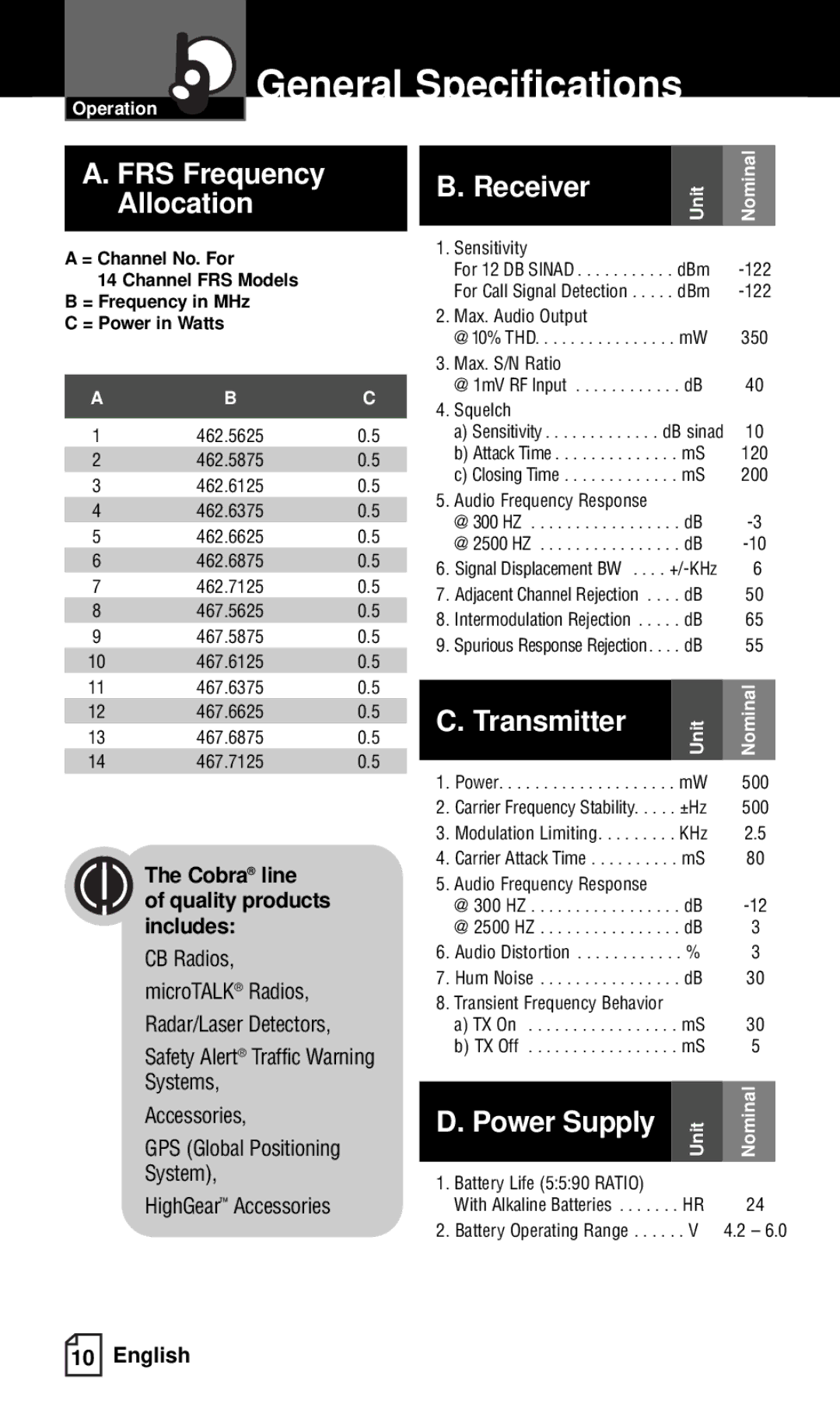 Cobra Electronics FRS121C owner manual General Specifications, Cobra line Quality products includes 