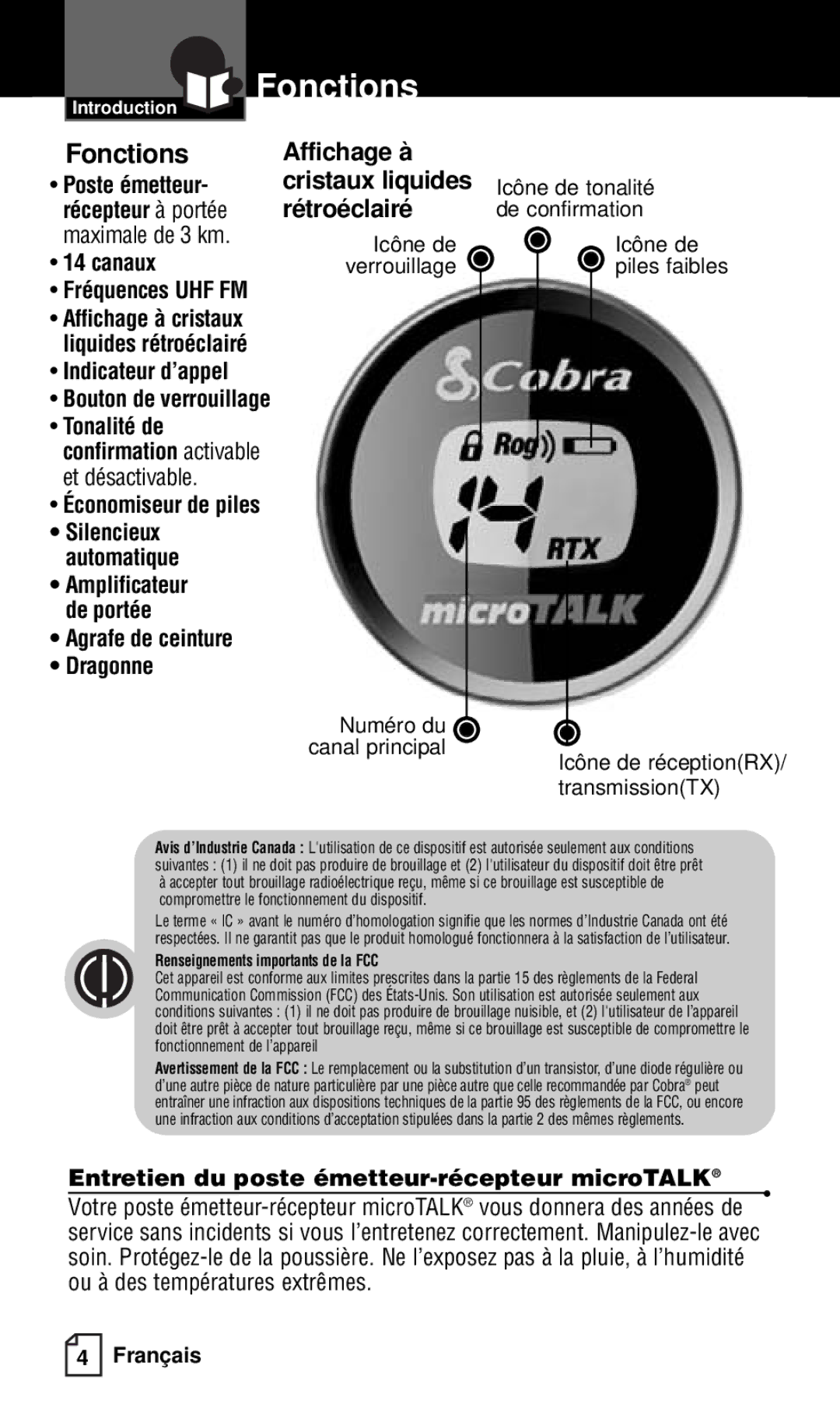 Cobra Electronics FRS121C owner manual Canaux, Dragonne, Entretien du poste émetteur-récepteur microTALK 