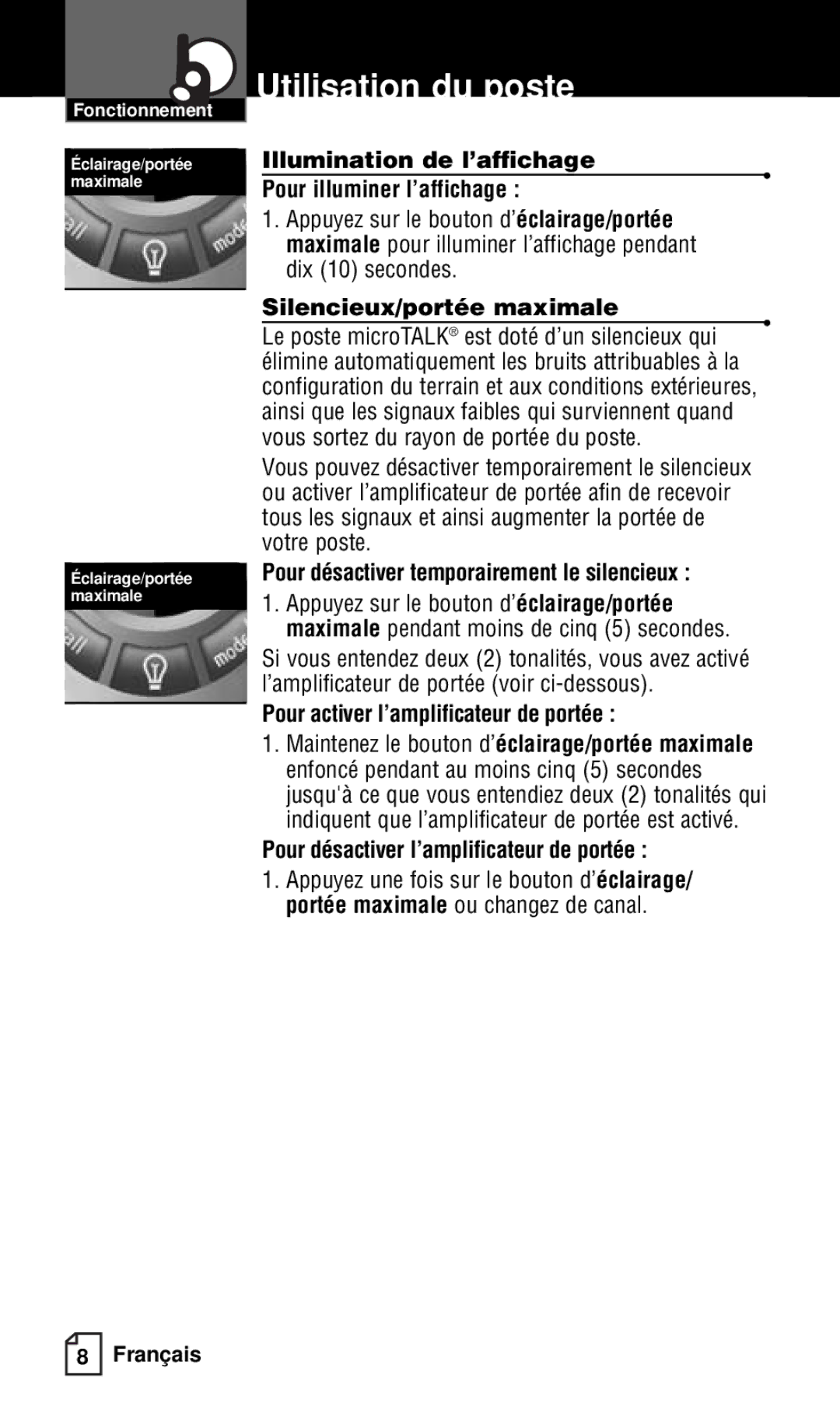 Cobra Electronics FRS121C owner manual Illumination de l’affichage, Pour illuminer l’affichage, Silencieux/portée maximale 