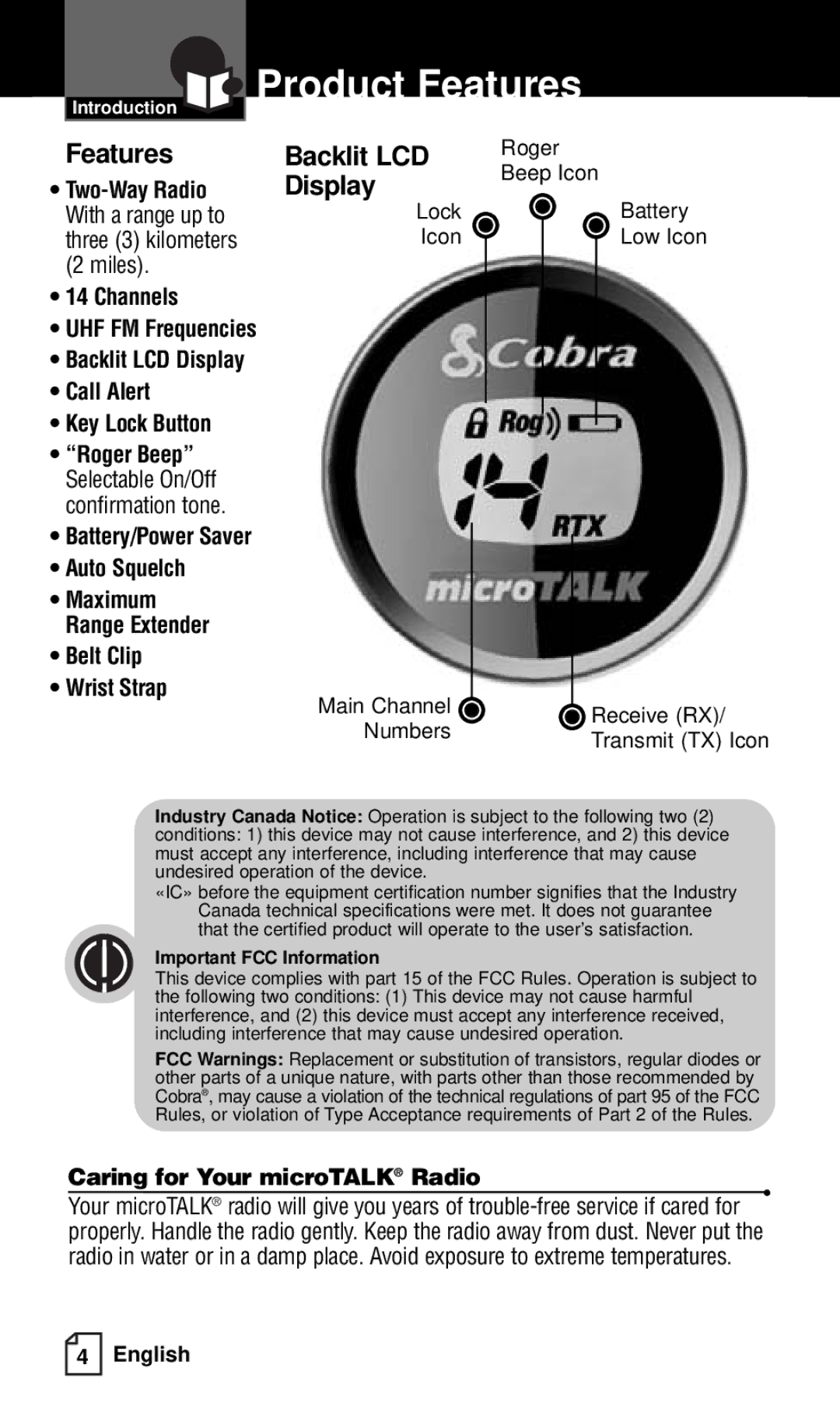 Cobra Electronics FRS121C owner manual Channels, Call Alert Key Lock Button, Auto Squelch, Belt Clip Wrist Strap 