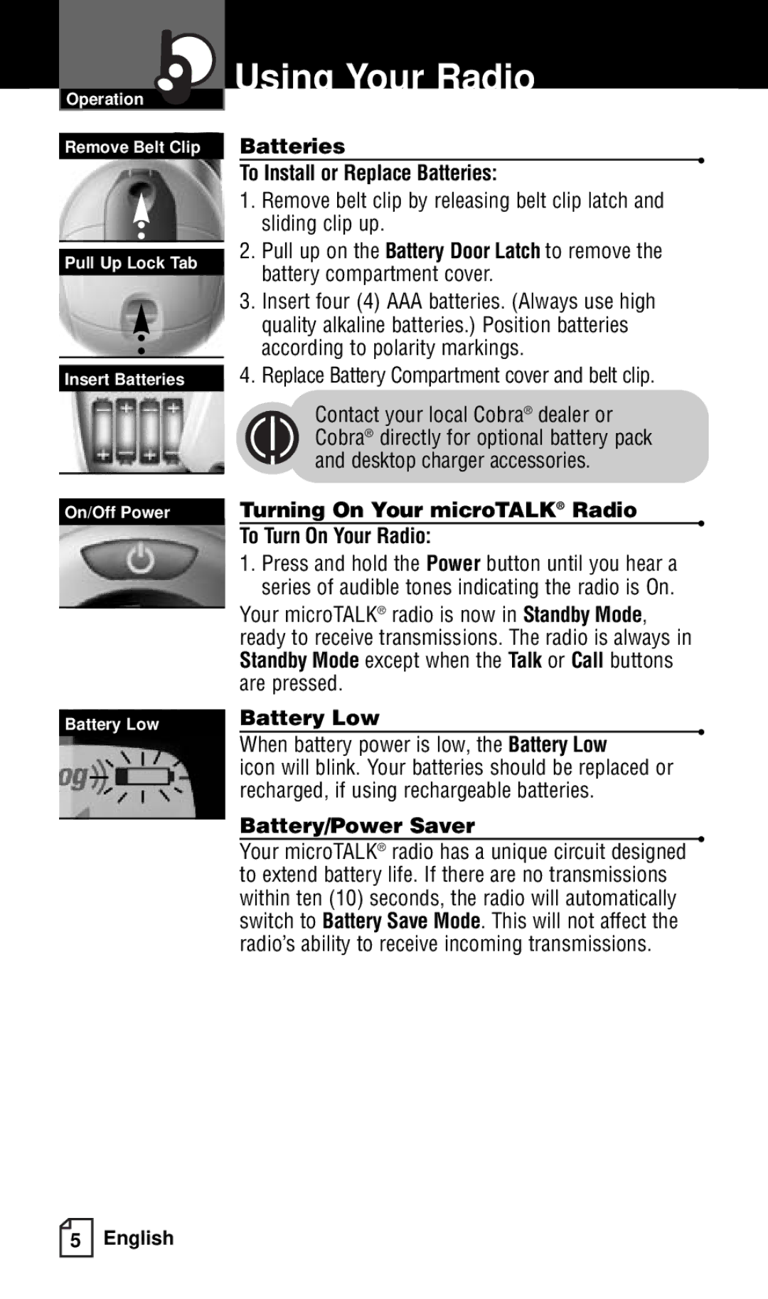 Cobra Electronics FRS121C Using Your Radio, Batteries To Install or Replace Batteries, Battery Low, Battery/Power Saver 