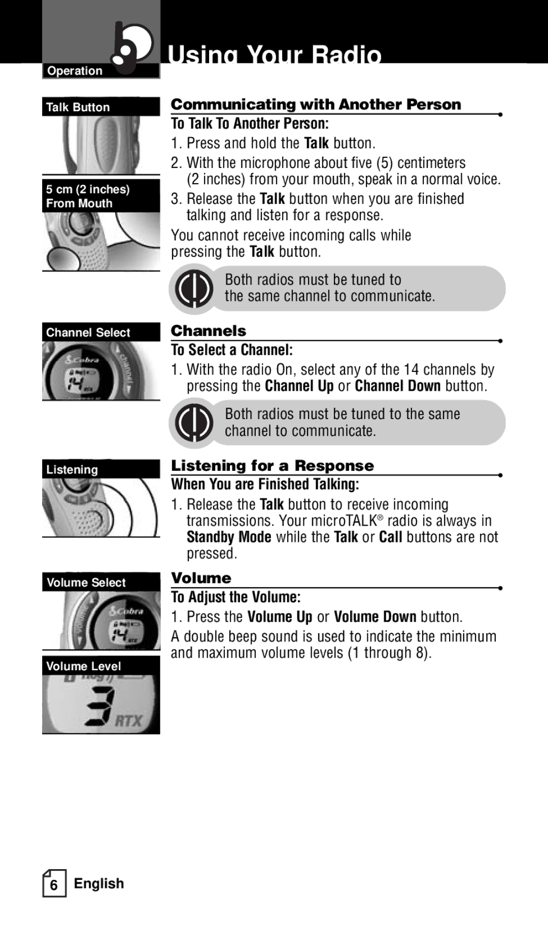 Cobra Electronics FRS121C Communicating with Another Person To Talk To Another Person, Channels To Select a Channel 