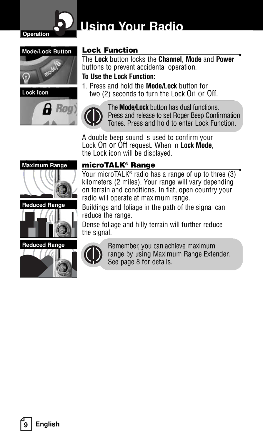 Cobra Electronics FRS121C owner manual To Use the Lock Function, Mode/Lock button has dual functions, MicroTALK Range 