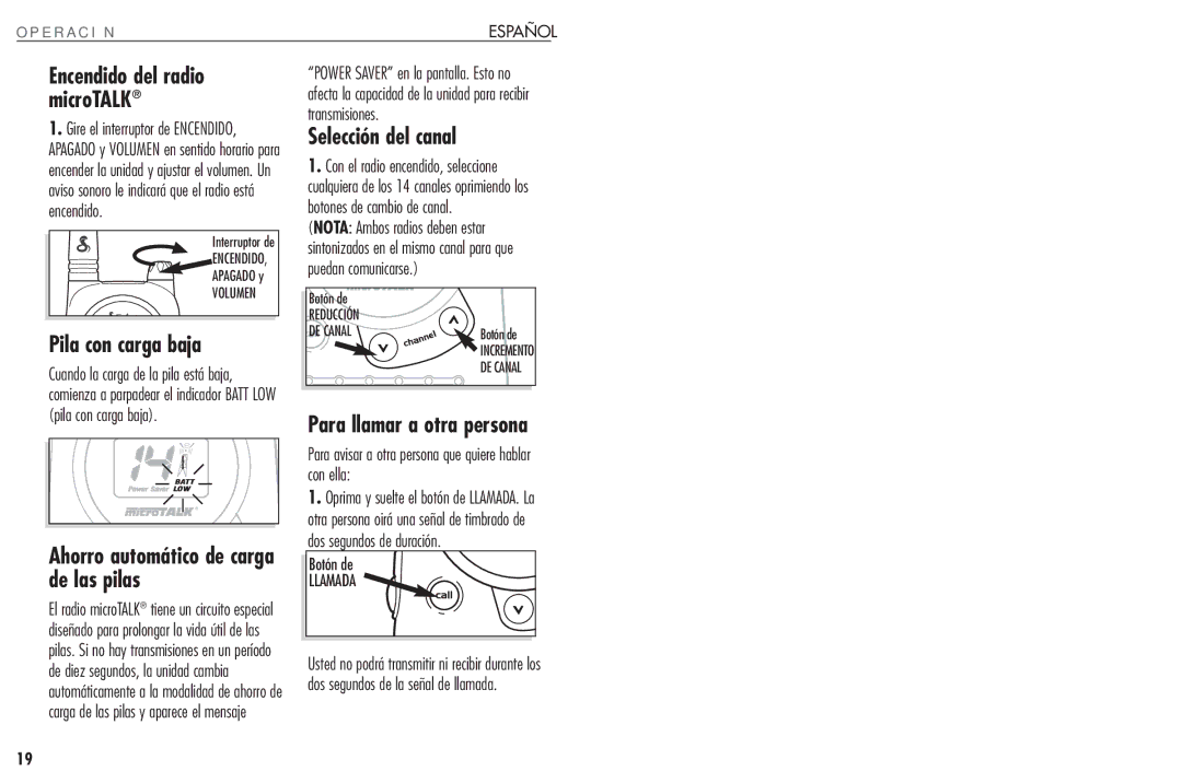 Cobra Electronics FRS130 operating instructions Para hablar con otra, Persona, Selección del canal, Pila con carga baja 