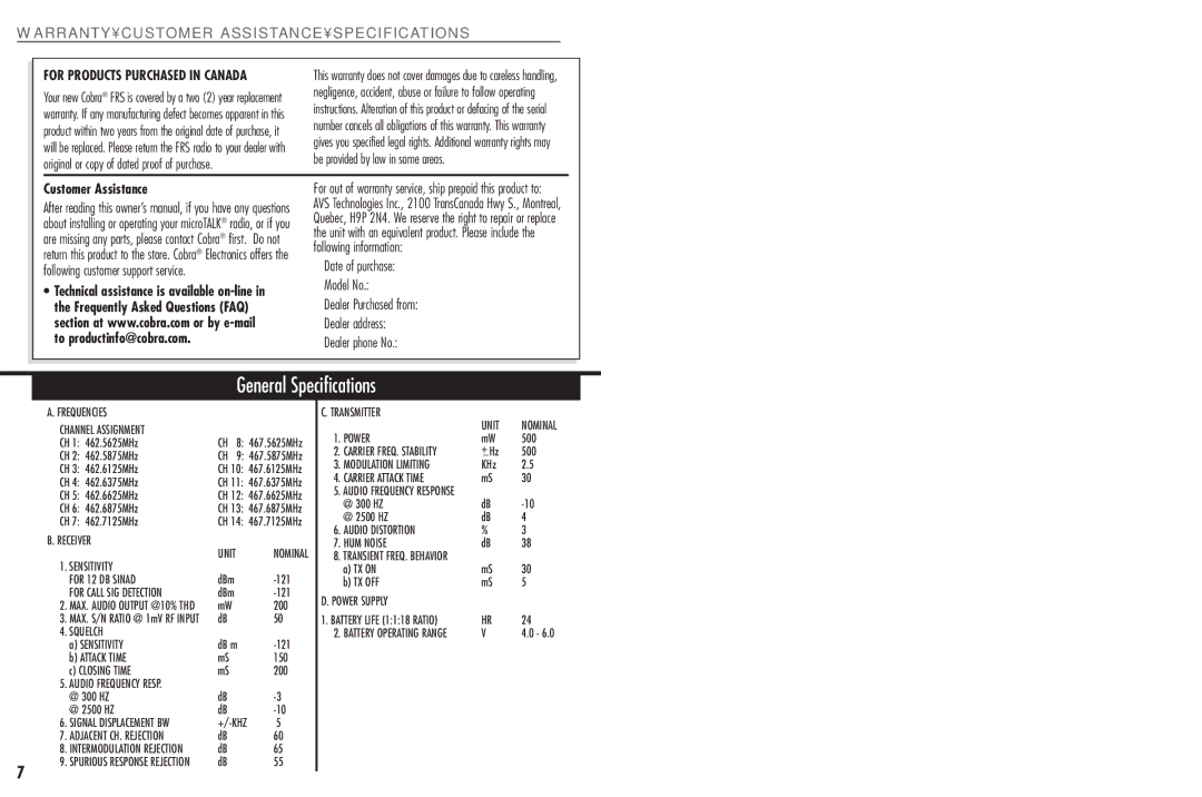 Cobra Electronics FRS130 operating instructions General Specifications 