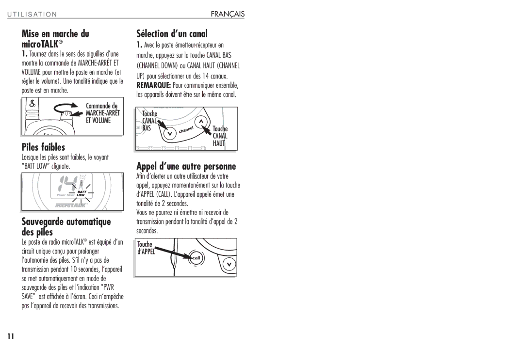 Cobra Electronics FRS130 Sélection d’un canal, Personne, Piles faibles, Écoute d’une réponse, Appel d’une autre personne 