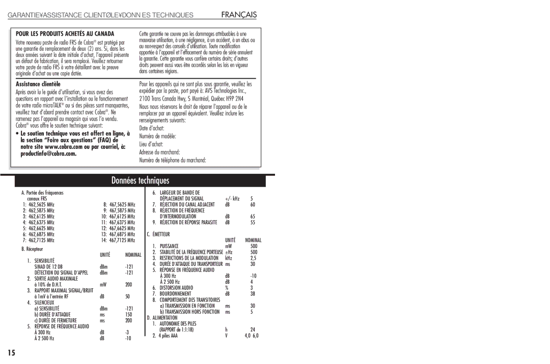 Cobra Electronics FRS130 operating instructions Données techniques, FA-BC3 FA-CF FA-BP MA-EBM MA-SM MA-VOX 