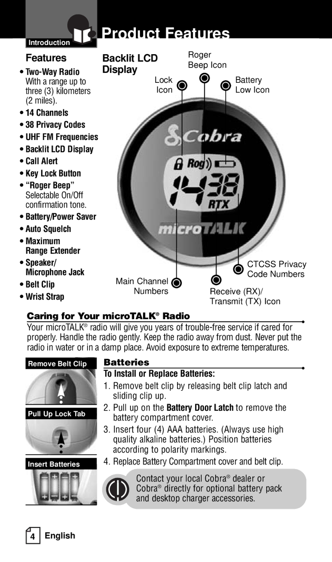 Cobra Electronics FRS132 owner manual Caring for Your microTALK Radio, Batteries To Install or Replace Batteries 