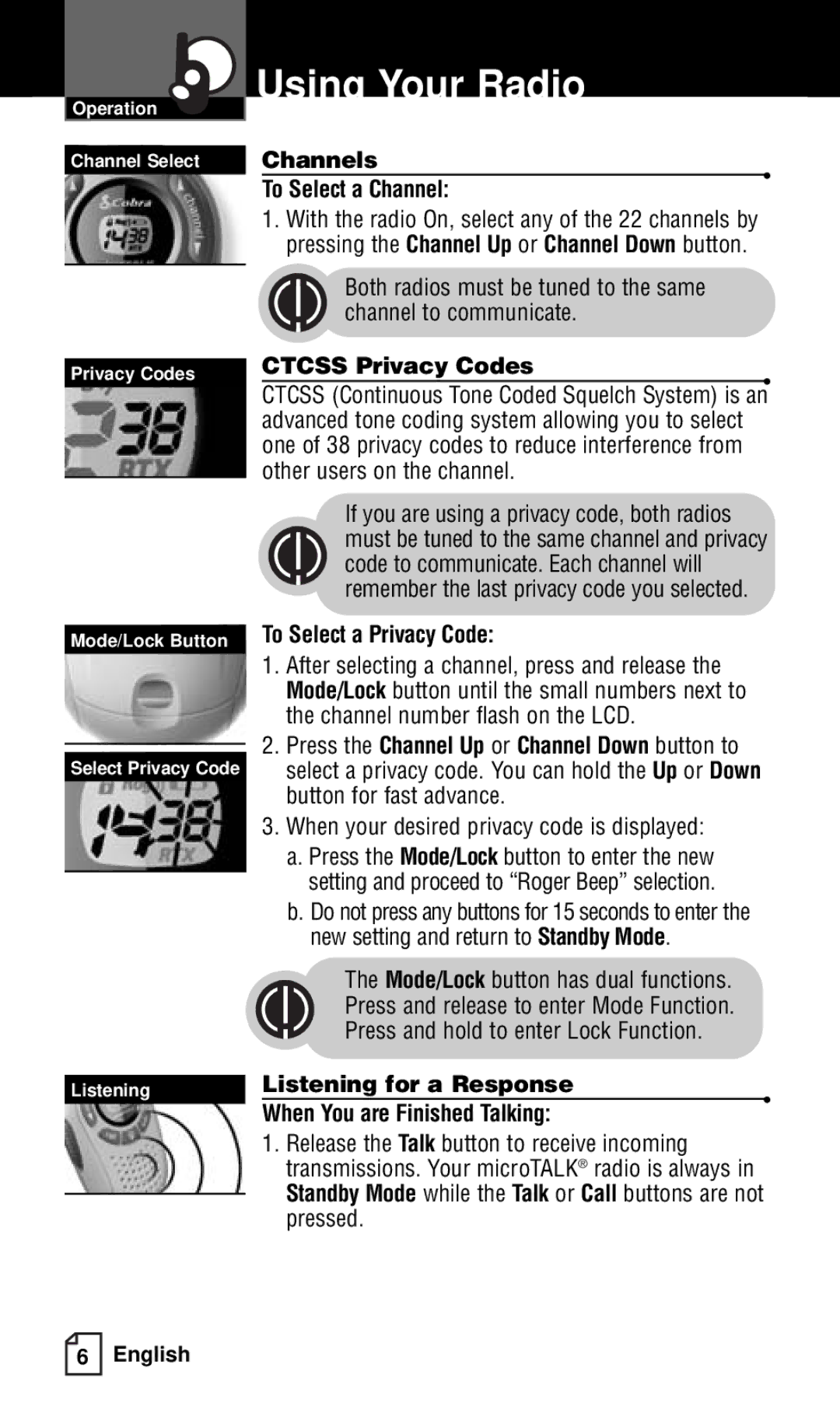 Cobra Electronics FRS132 owner manual Channels To Select a Channel, Ctcss Privacy Codes, To Select a Privacy Code 