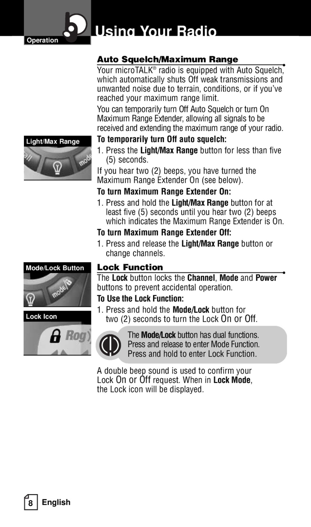 Cobra Electronics FRS132 owner manual Auto Squelch/Maximum Range, To temporarily turn Off auto squelch, Lock Function 