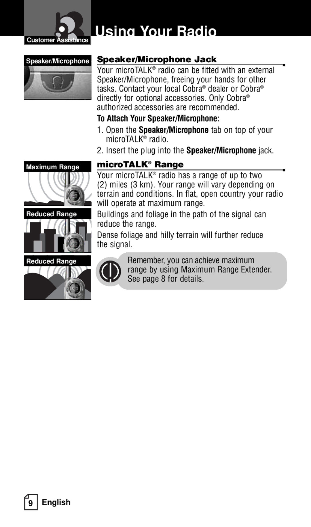 Cobra Electronics FRS132 owner manual Speaker/Microphone Jack, Authorized accessories are recommended, MicroTALK Range 