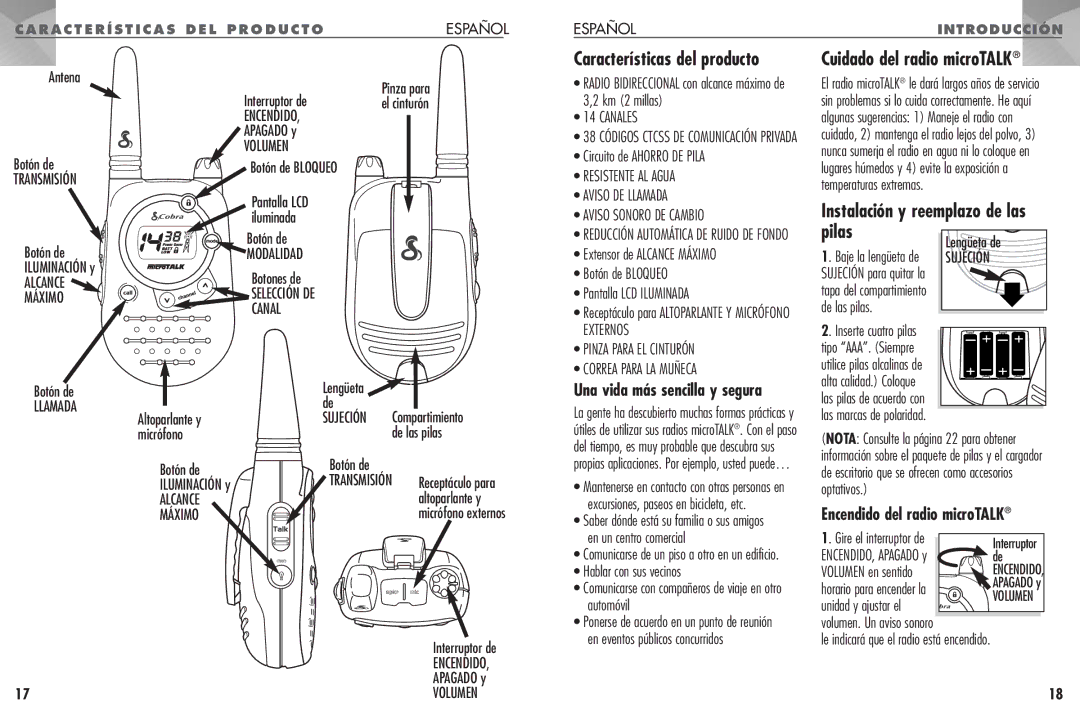 Cobra Electronics FRS235 Pilas, Características del producto Cuidado del radio microTALK, Una vida más sencilla y segura 