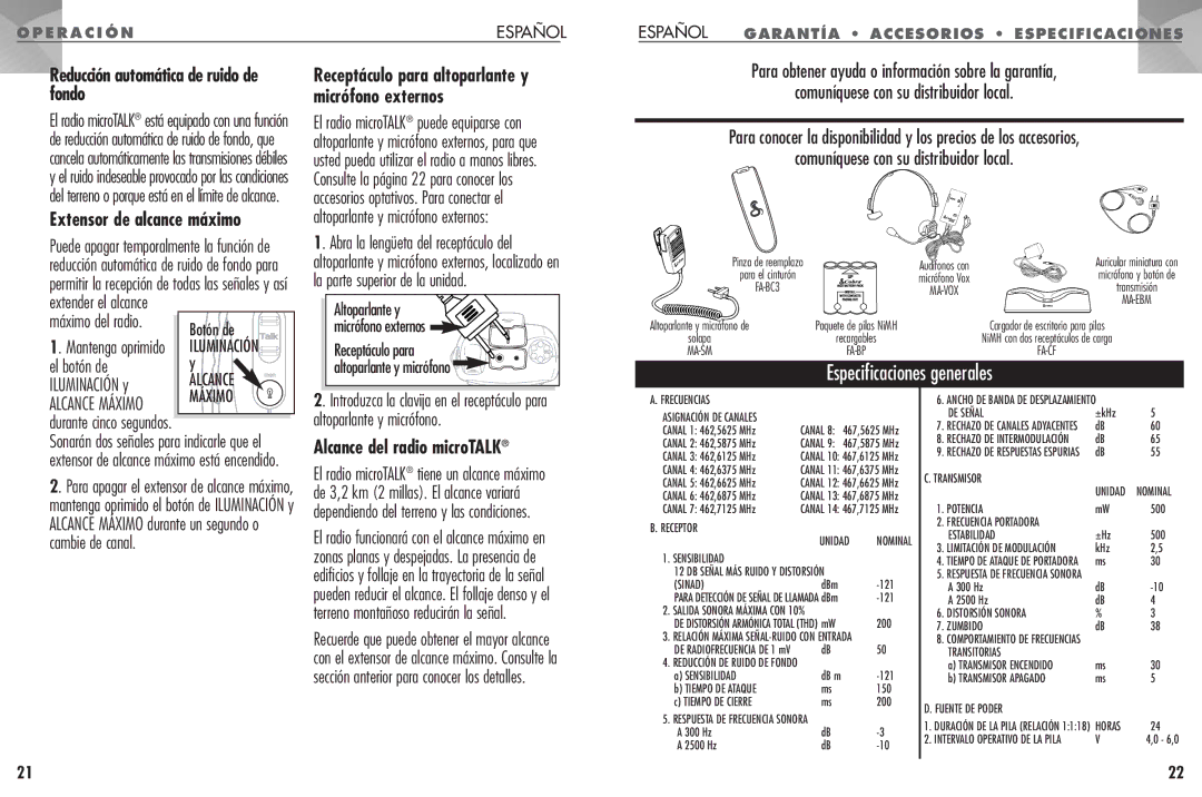 Cobra Electronics FRS235 Especificaciones generales, Fondo Micrófono externos, Extensor de alcance máximo 