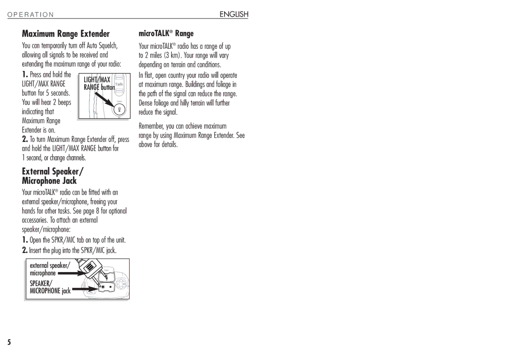 Cobra Electronics FRS235 operating instructions External Speaker Microphone Jack, Maximum Range Extender MicroTALK Range 