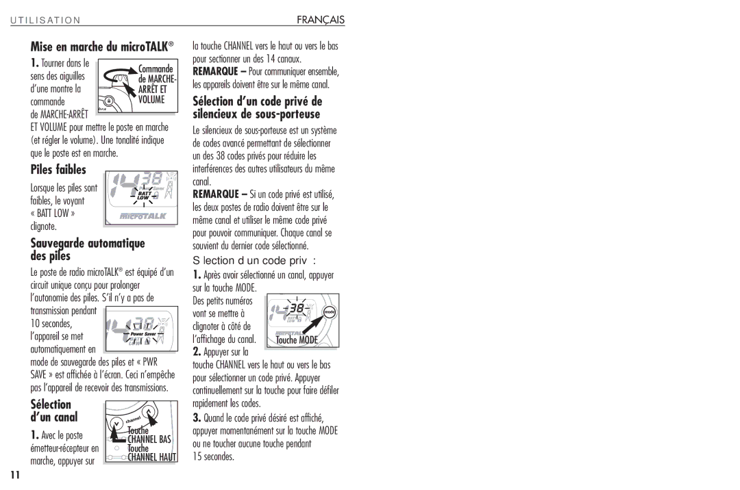 Cobra Electronics FRS235 operating instructions Piles faibles, Personne, Sélection ’un canal, Appel d’une autre personne 