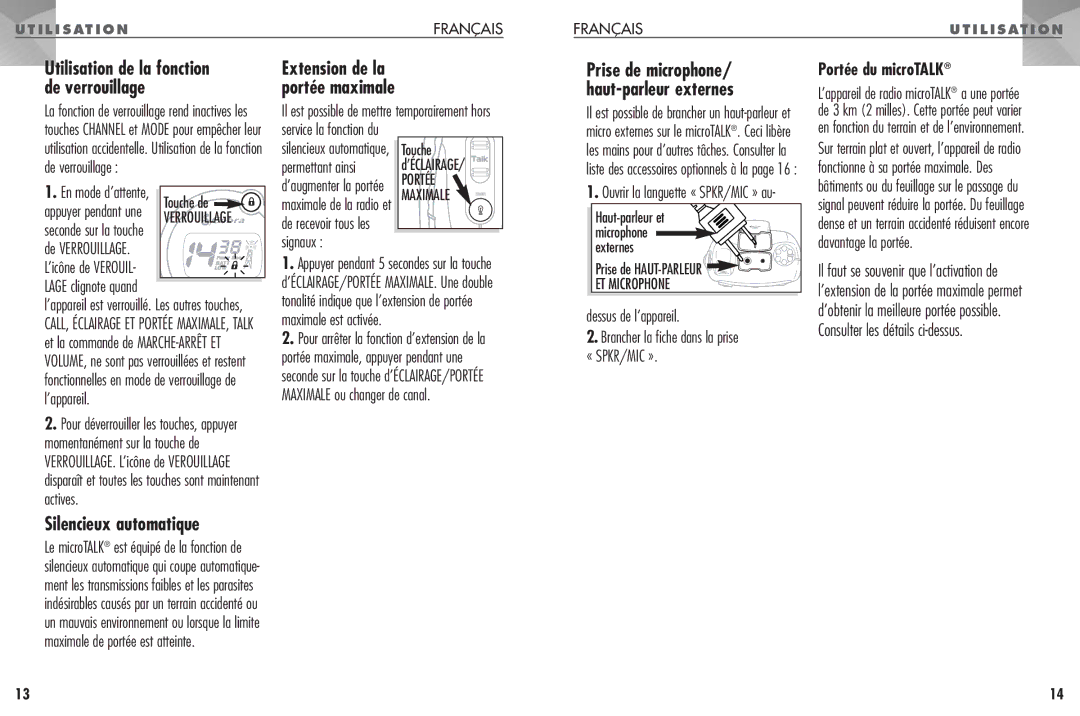 Cobra Electronics FRS235 Utilisation de la fonction, De verrouillage, Silencieux automatique, Portée du microTALK 