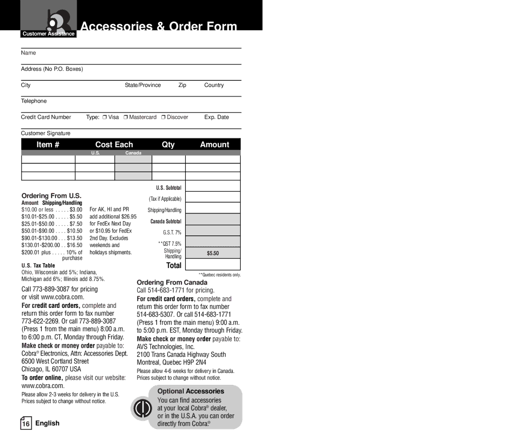 Cobra Electronics FRS237 Accessories & Order Form, Total, Ordering From U.S, Ordering From Canada, Optional Accessories 