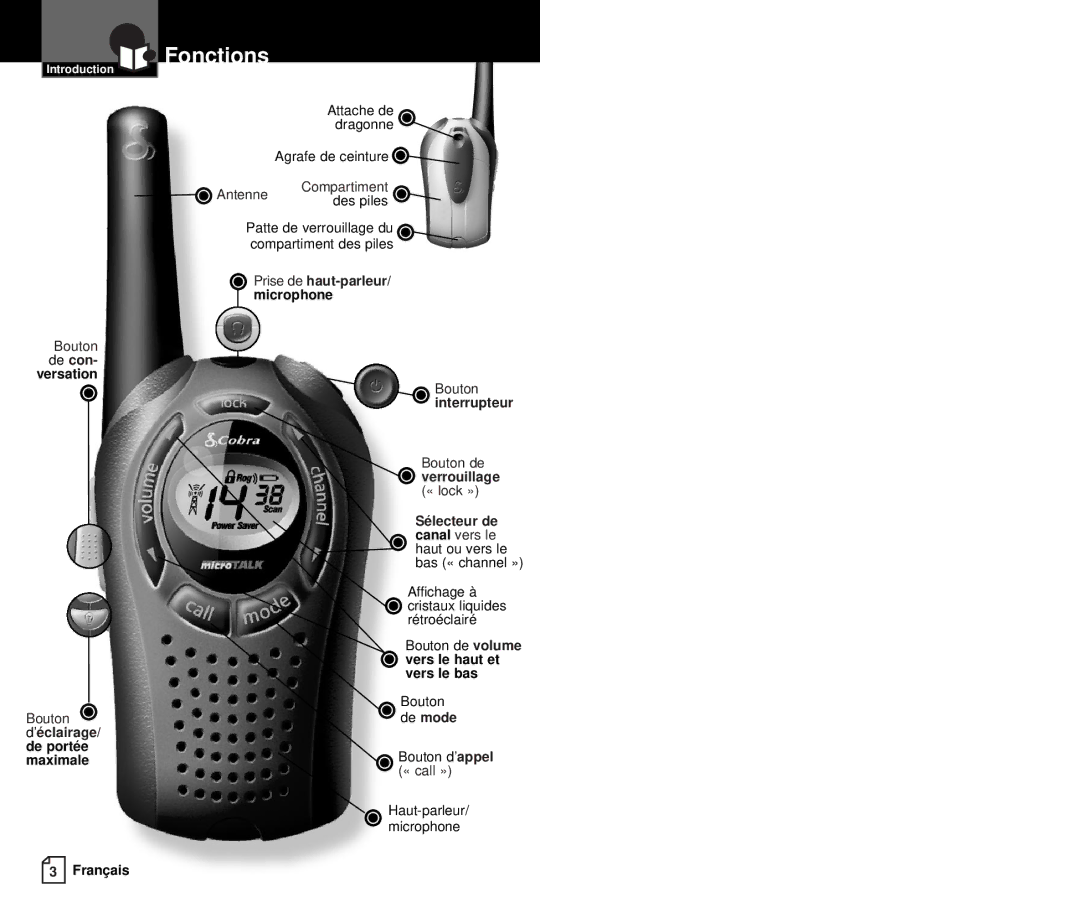 Cobra Electronics FRS237 owner manual Fonctions 