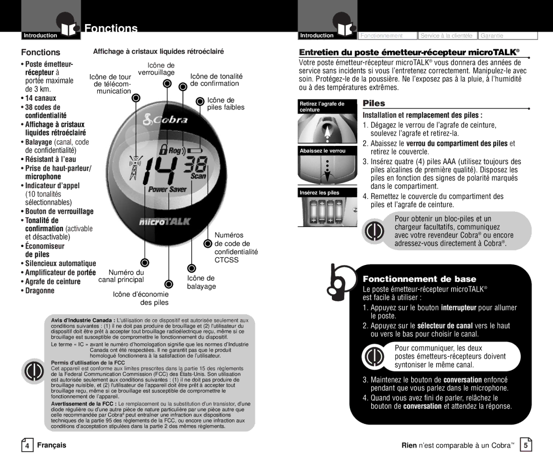 Cobra Electronics FRS237 Fonctions, Entretien du poste émetteur-récepteur microTALK, Piles, Fonctionnement de base 