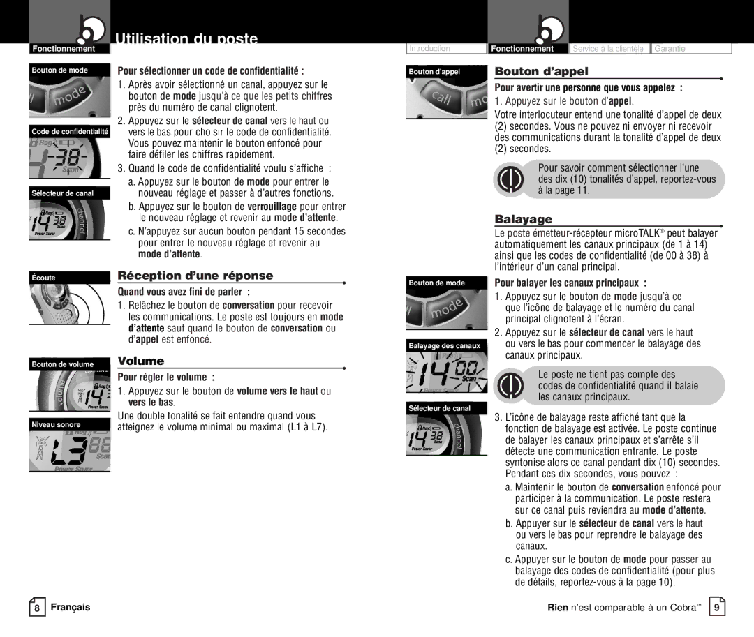 Cobra Electronics FRS237 owner manual Bouton d’appel, Balayage, ÉcouteRéception d’une réponse, Volume 