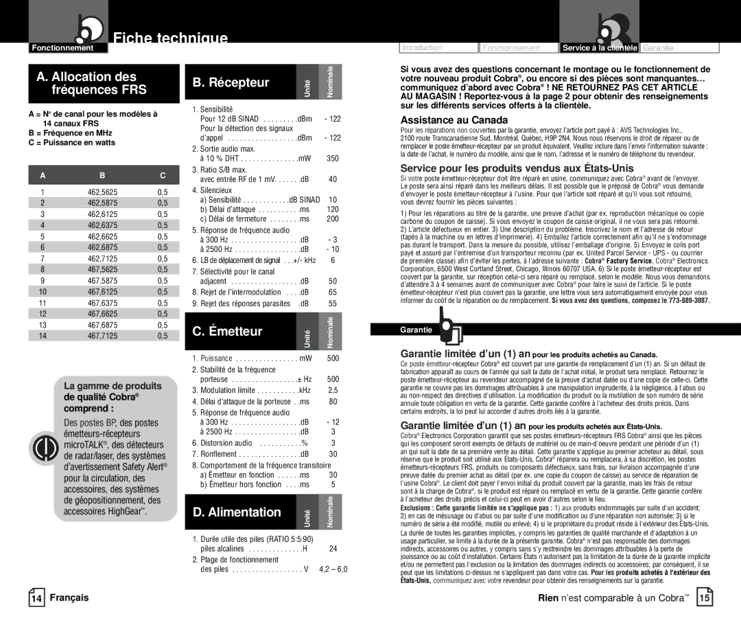 Cobra Electronics FRS237 owner manual Fiche technique, Allocation des fréquences FRS, Assistance au Canada 