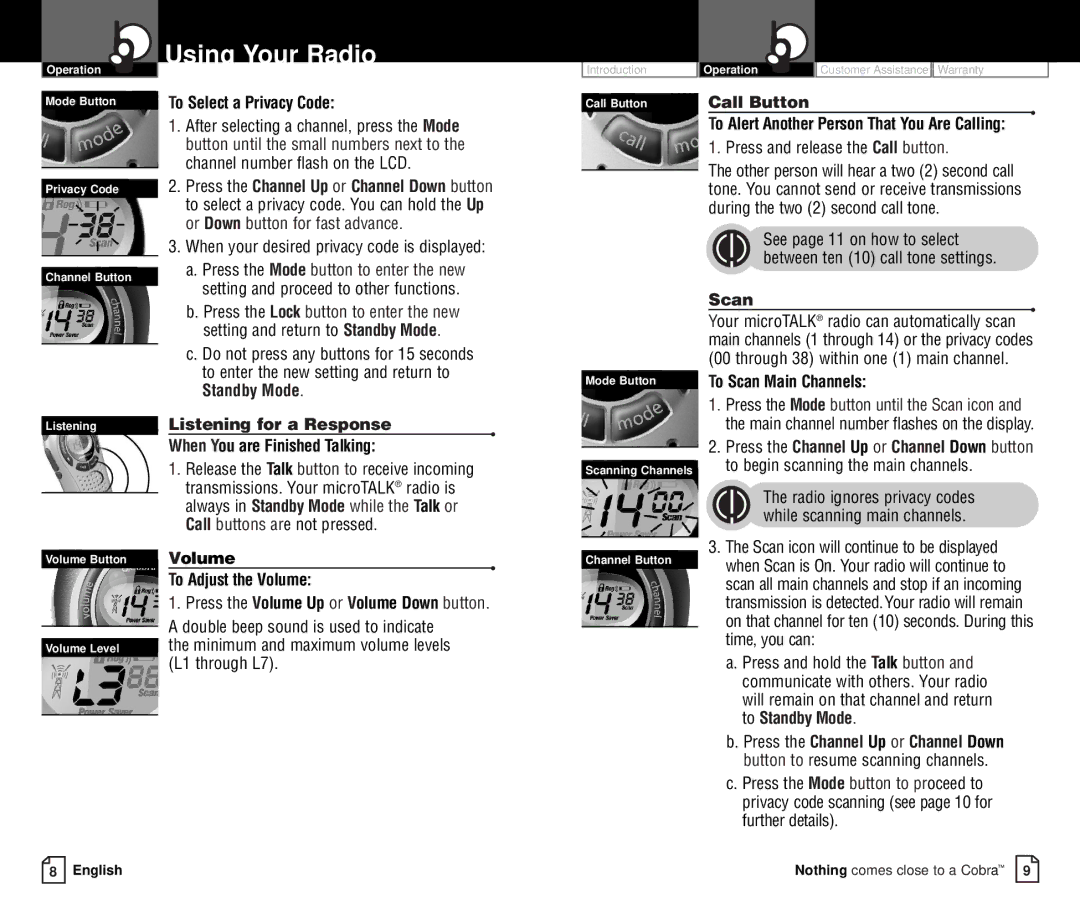 Cobra Electronics FRS237 owner manual Call Button, Standby Mode, Listening for a Response, Scan 