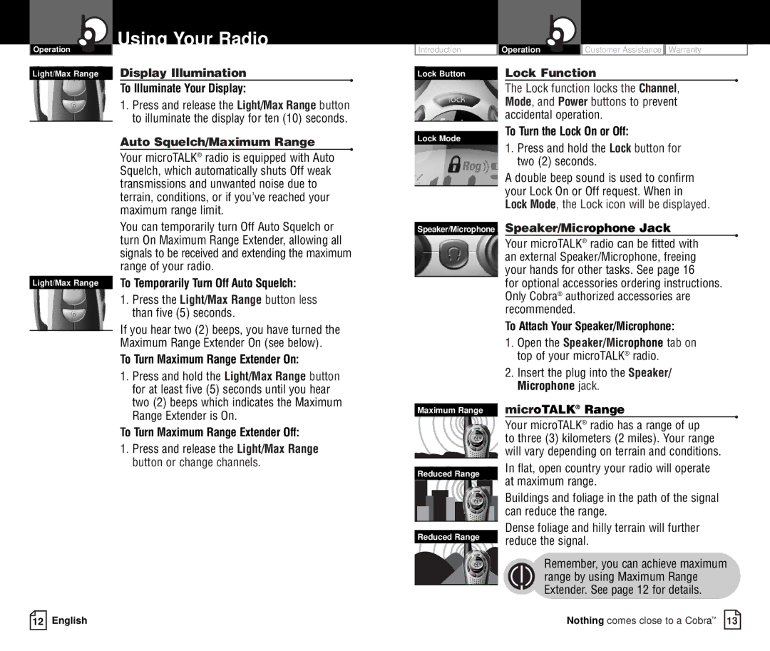 Cobra Electronics FRS237 owner manual Display Illumination, Lock Function, Auto Squelch/Maximum Range 