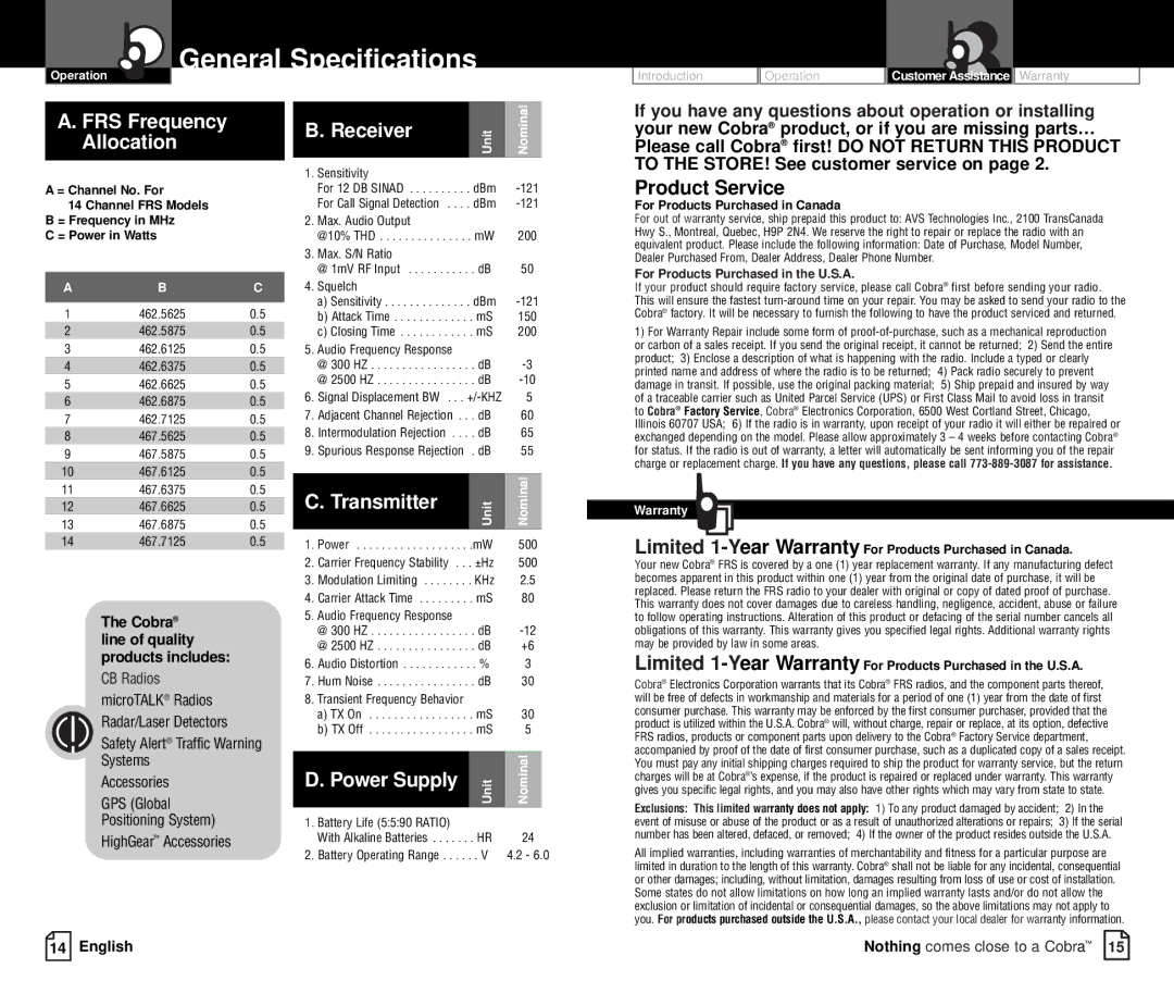 Cobra Electronics FRS237 owner manual General Specifications, Power Supply, Cobra line of quality products includes 