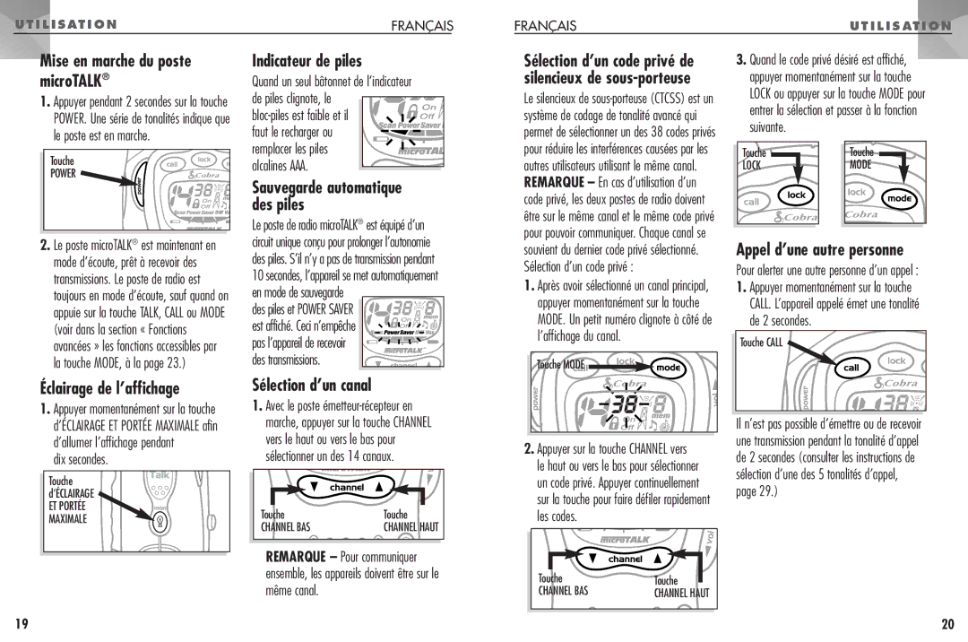 Cobra Electronics FRS307 Mise en marche du poste microTALK, Indicateur de piles, Appel d’une autre personne 