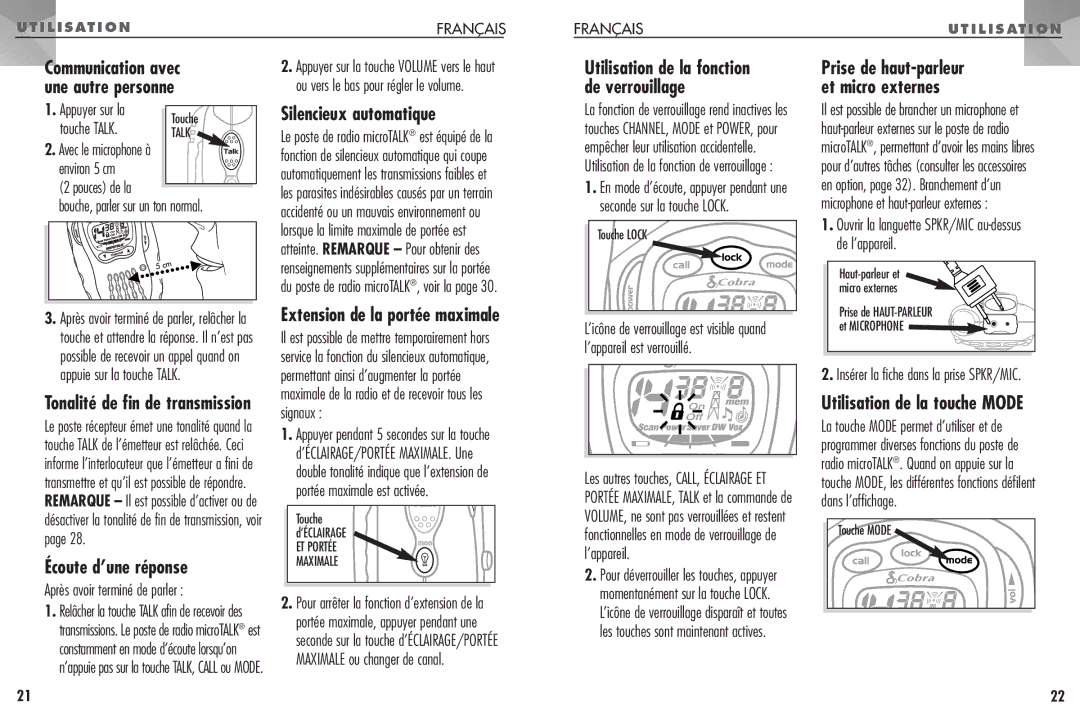 Cobra Electronics FRS307 Utilisation de la fonction, De verrouillage, Silencieux automatique, Écoute d’une réponse 