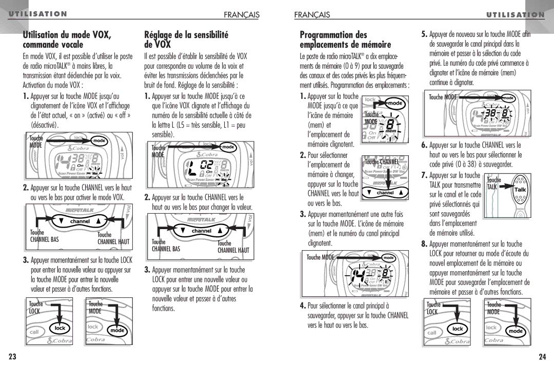 Cobra Electronics FRS307 operating instructions Utilisation du mode VOX, Commande vocale De VOX, Continue à clignoter 