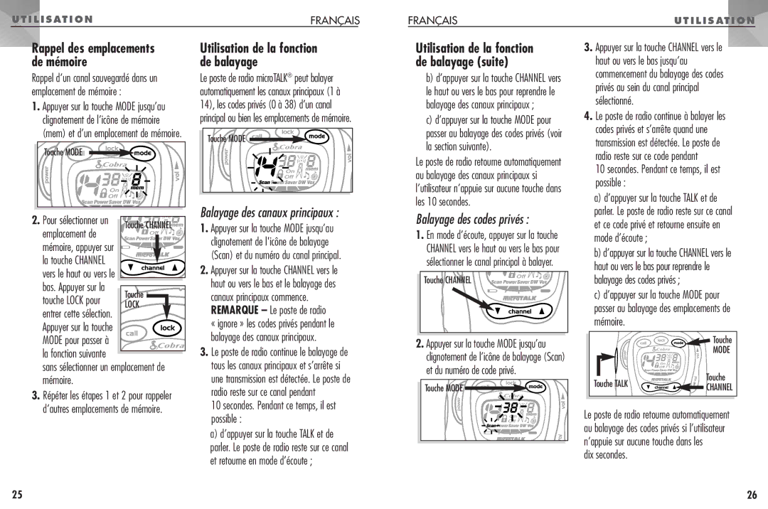 Cobra Electronics FRS307 operating instructions Rappel des emplacements, De mémoire De balayage 