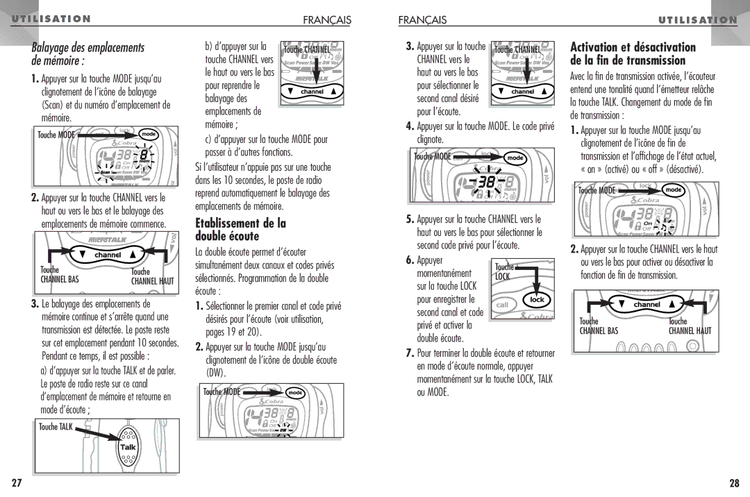 Cobra Electronics FRS307 operating instructions Balayage des, Appuyer, Pour enregistrer le, Channel BAS Channel Haut 