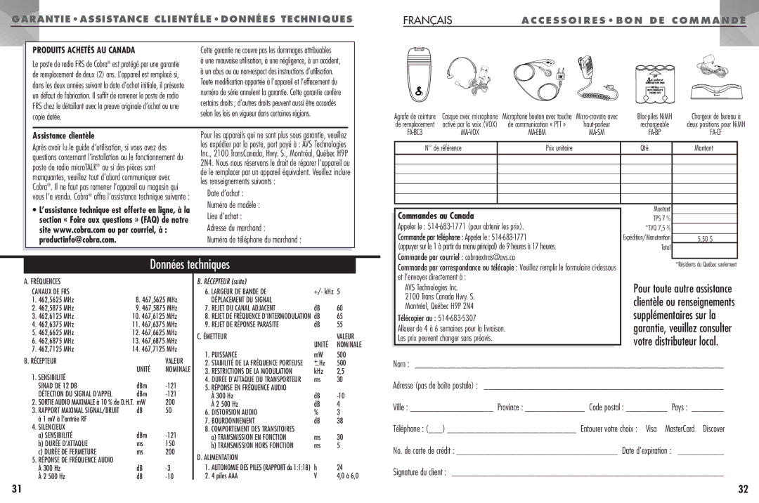 Cobra Electronics FRS307 operating instructions Assistance clientèle, Productinfo@cobra.com 