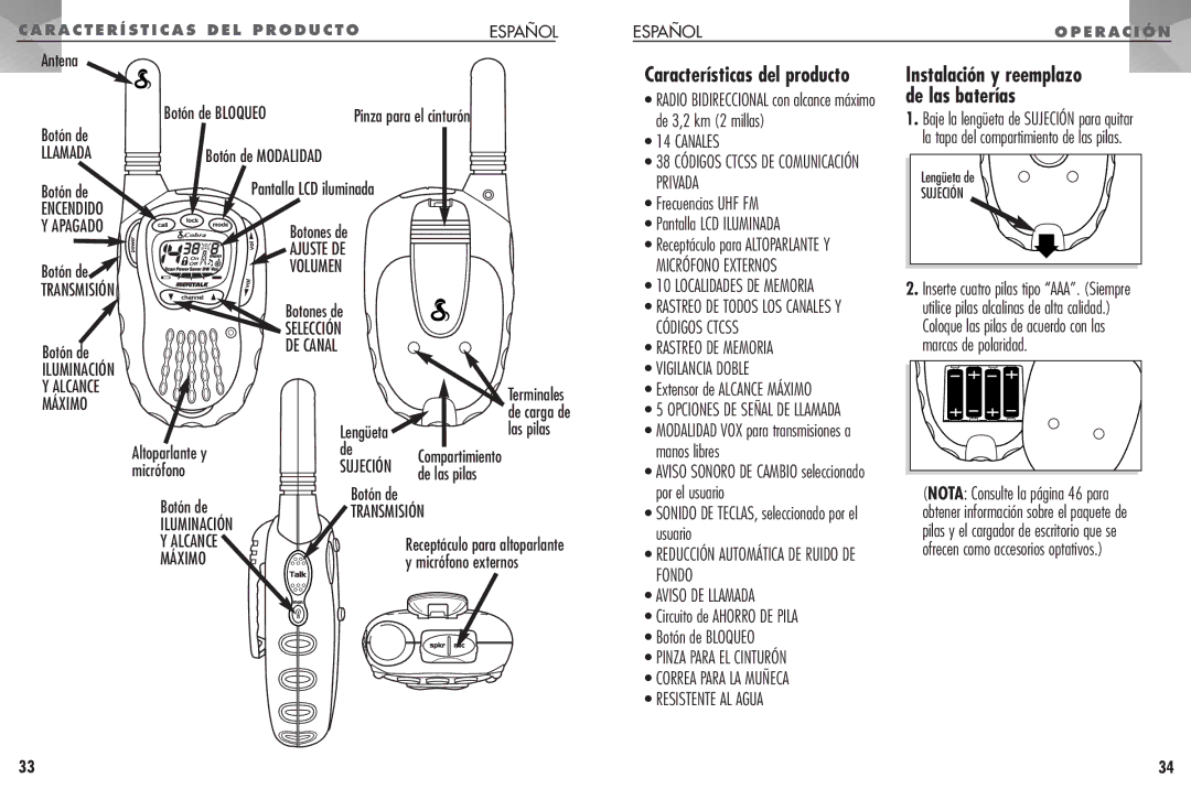 Cobra Electronics FRS307 operating instructions Características del producto 