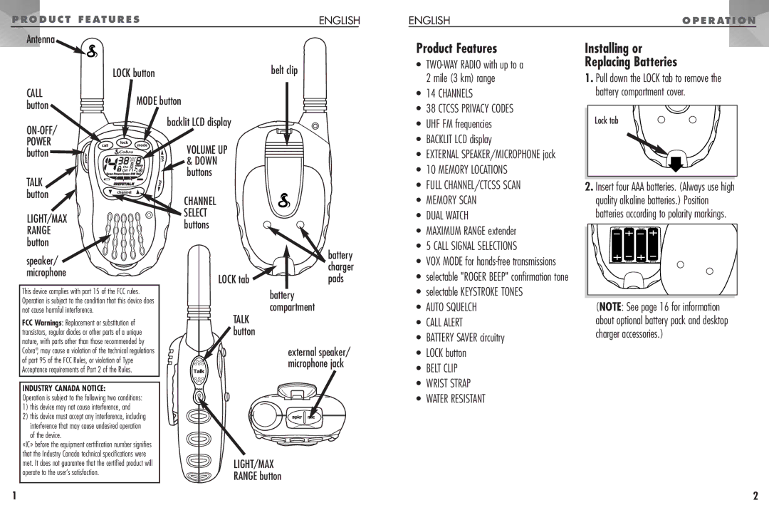 Cobra Electronics FRS307 operating instructions Product Features, Installing or Replacing Batteries 