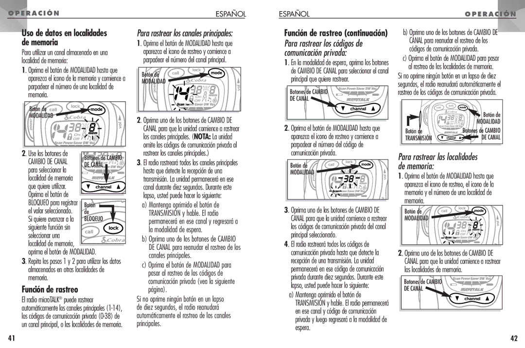 Cobra Electronics FRS307 operating instructions Función de rastreo 