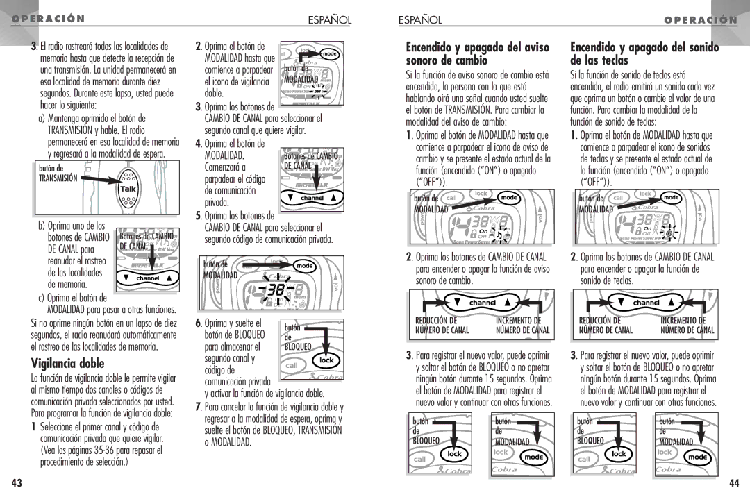 Cobra Electronics FRS307 operating instructions Sonoro de cambio De las teclas, Vigilancia doble 