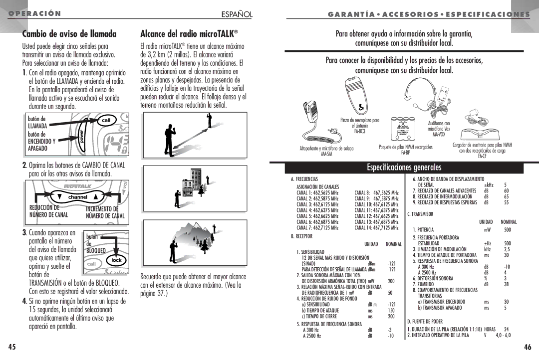 Cobra Electronics FRS307 operating instructions Cambio de aviso de llamada, Alcance del radio microTALK 