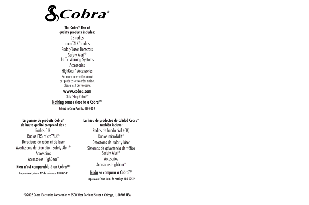 Cobra Electronics FRS307 operating instructions Détecteurs de radar et de laser, Rien n’est comparable à un Cobra 