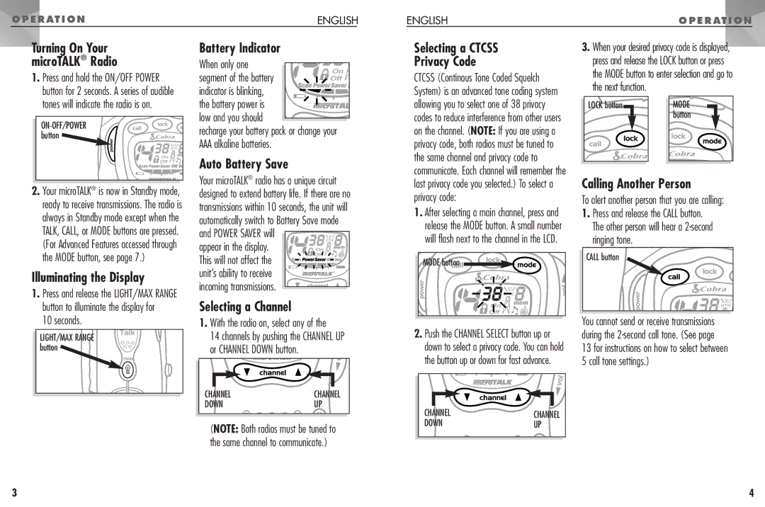 Cobra Electronics FRS307 Battery Indicator, Auto Battery Save, Selecting a Ctcss Privacy Code, Calling Another Person 