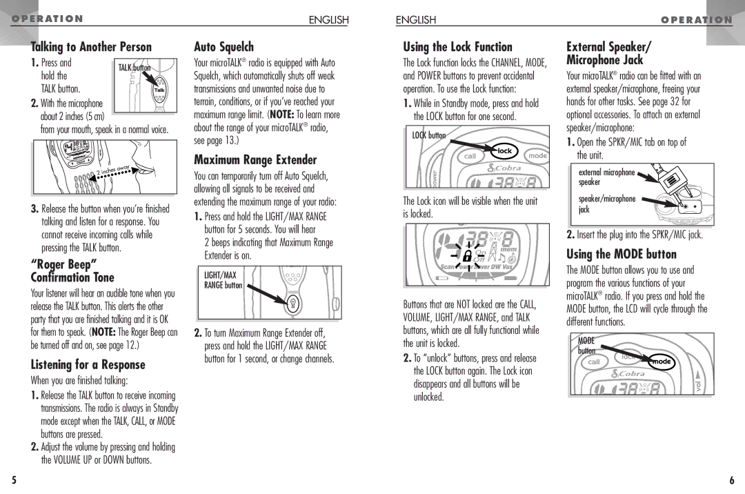 Cobra Electronics FRS307 Talking to Another Person, Using the Lock Function External Speaker, Roger Beep Confirmation Tone 