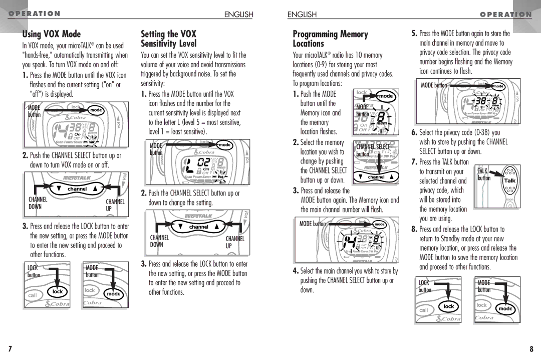 Cobra Electronics FRS307 Using VOX Mode, Setting the VOX Sensitivity Level, Programming Memory Locations 