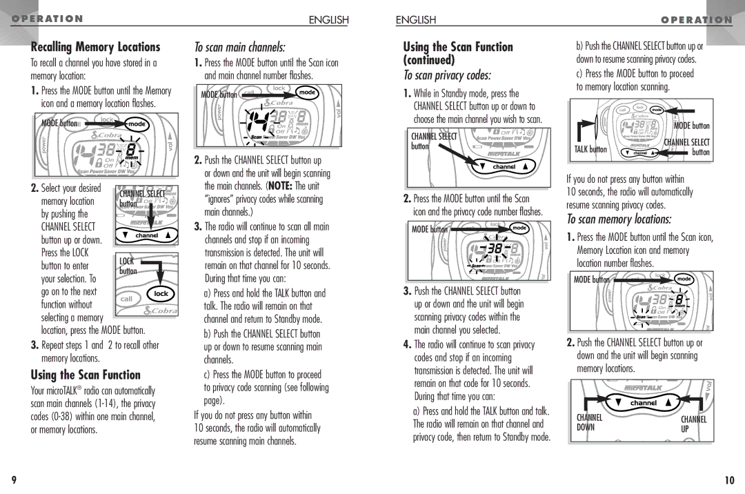 Cobra Electronics FRS307 Using the Scan Function, Location, press the Mode button, Main channels, During that time you can 