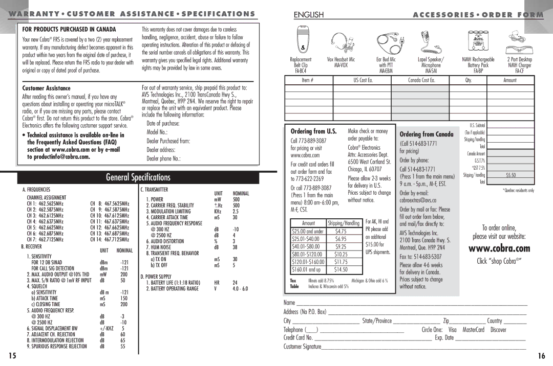 Cobra Electronics FRS307 Include the following information, Date of purchase Model No, Dealer Purchased from, Call, Cst 