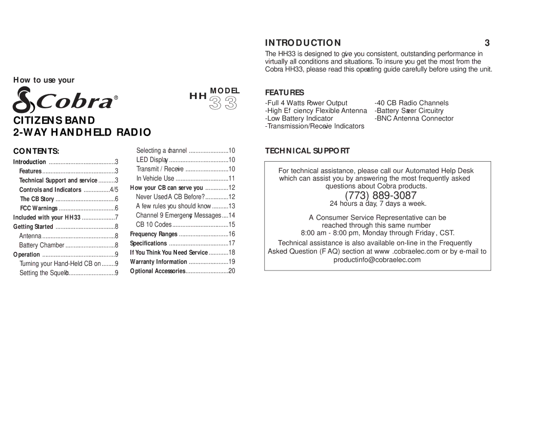 Cobra Electronics HH 33 operating instructions Model, Features, Contents 