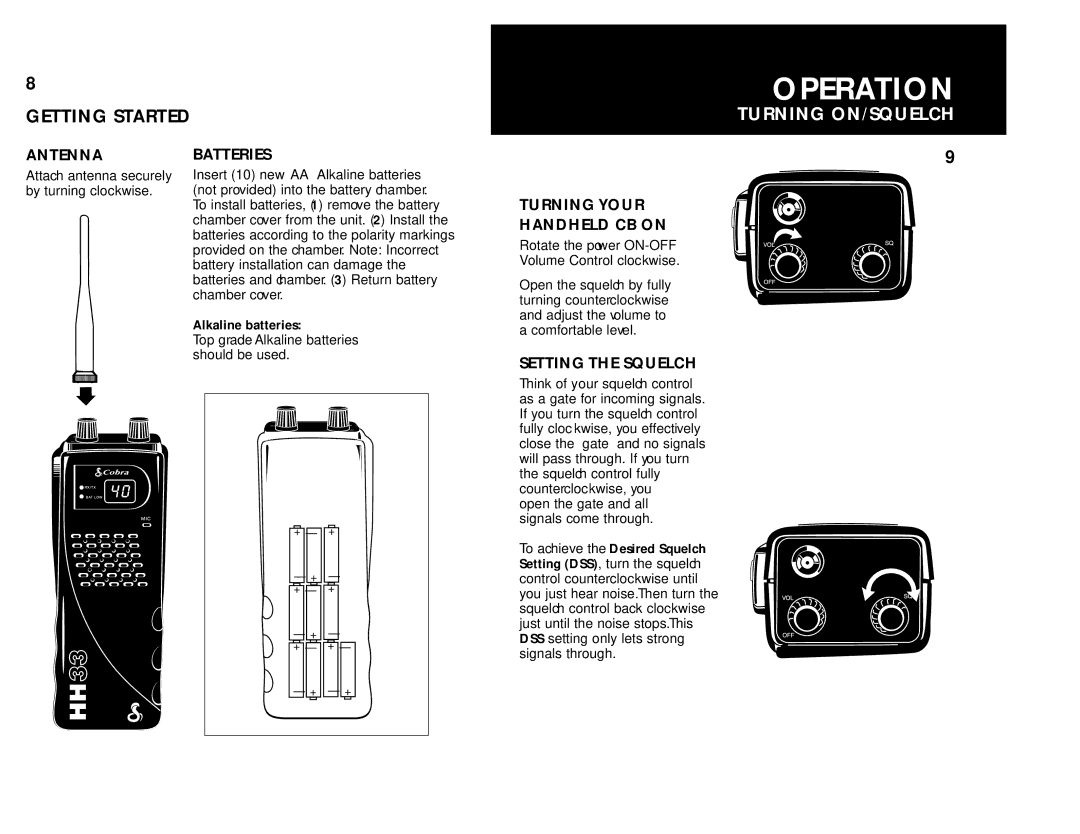 Cobra Electronics HH 33 Turning ON/SQUELCH, Antenna, Batteries, Turning Your Handheld CB on, Setting the Squelch 