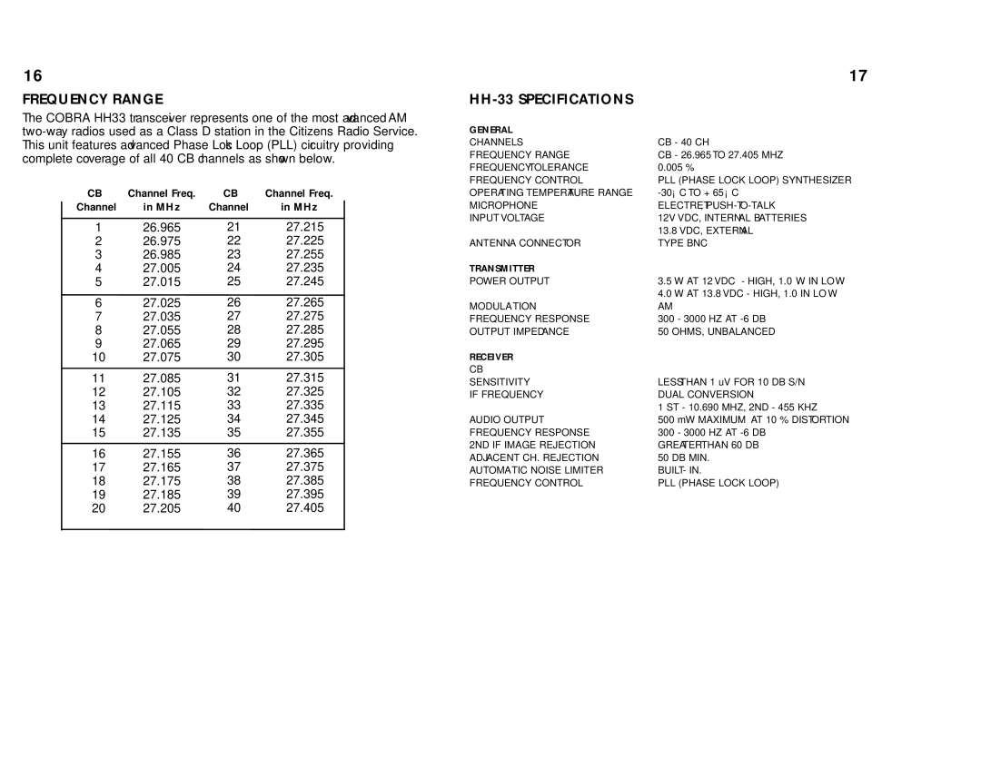 Cobra Electronics HH 33 operating instructions Frequency Range, HH-33 Specifications 