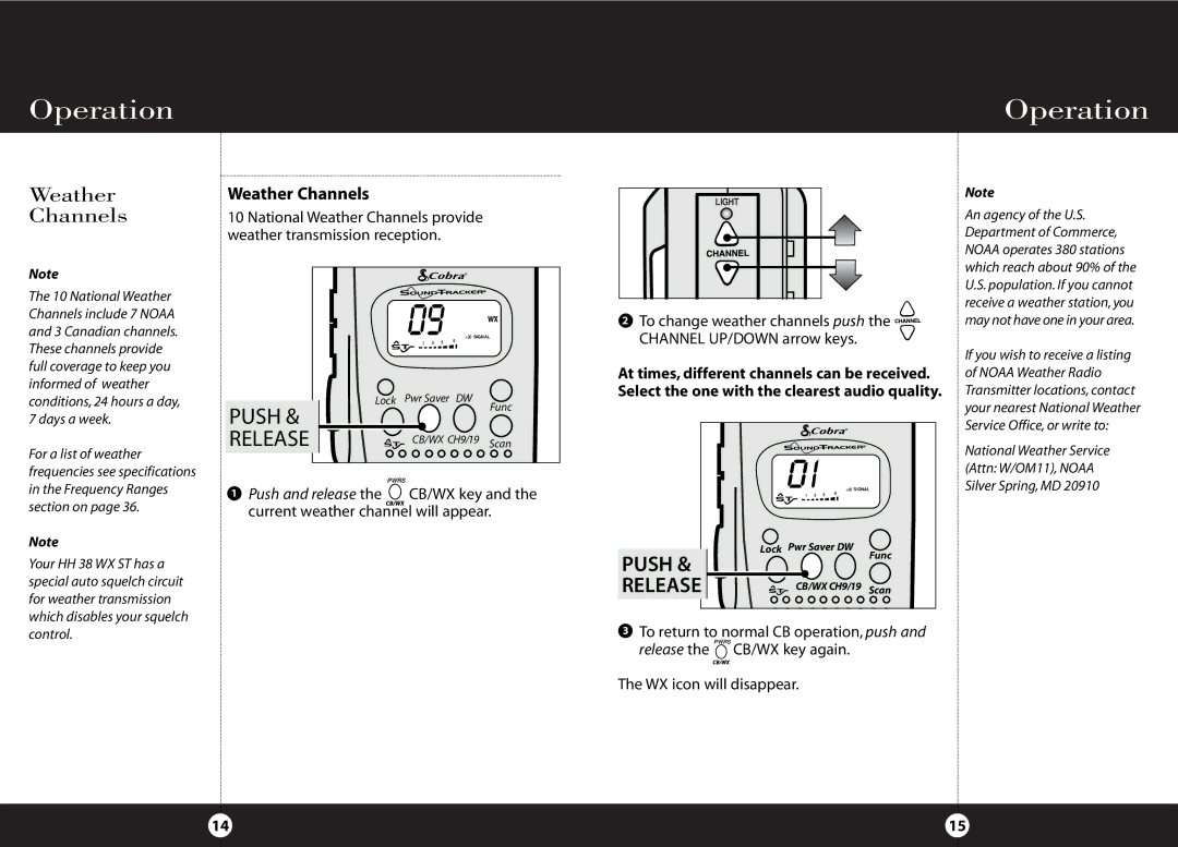 Cobra Electronics HH 38 WX ST Weather Channels, To change weather channels push Channel UP/DOWN arrow keys 