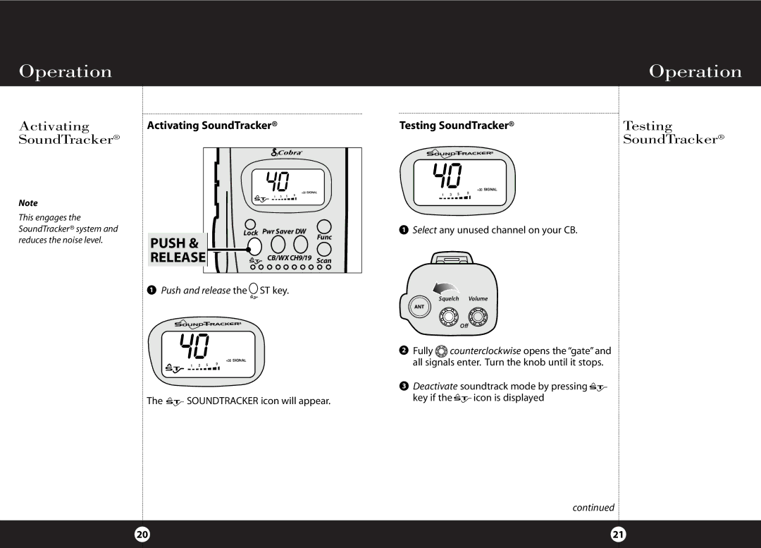 Cobra Electronics HH 38 WX ST operating instructions Activating SoundTracker, Testing SoundTracker 